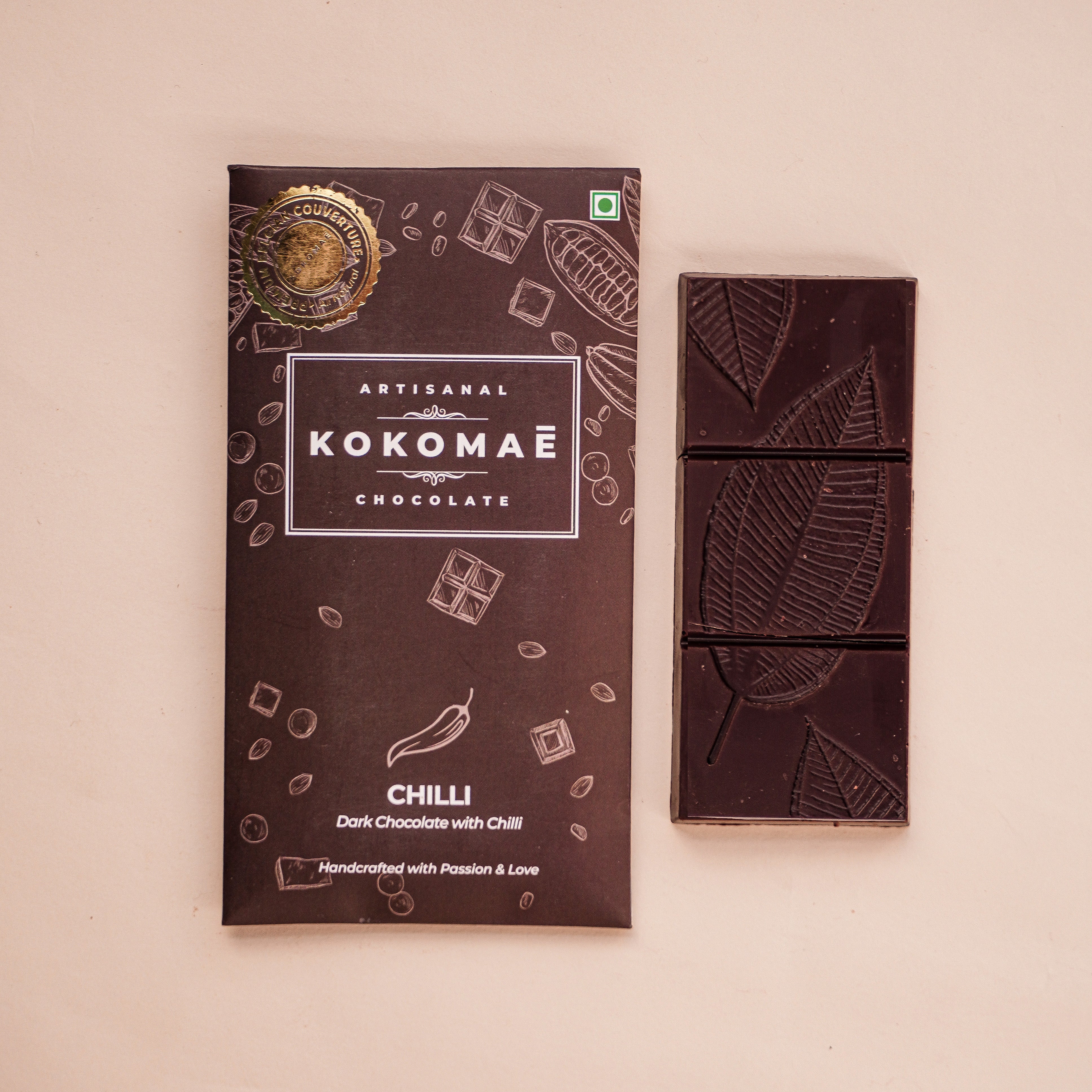 Kokomaē Belgian Pure Couverture Premium Dark Chocolate Bar with Chilli (Vegan and Handmade)
