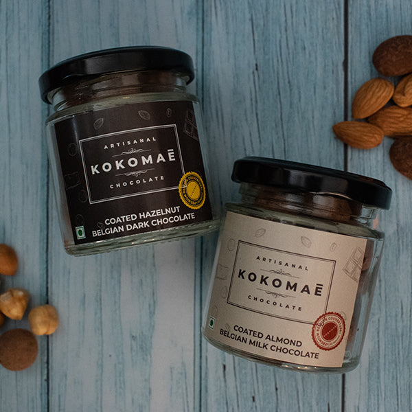Kokomaē Gift Hamper containing Dragees with Crunchy Almond in Milk Chocolate, Hazelnut in Dark Chocolate, Hazelnut Rich Cocoa Spread