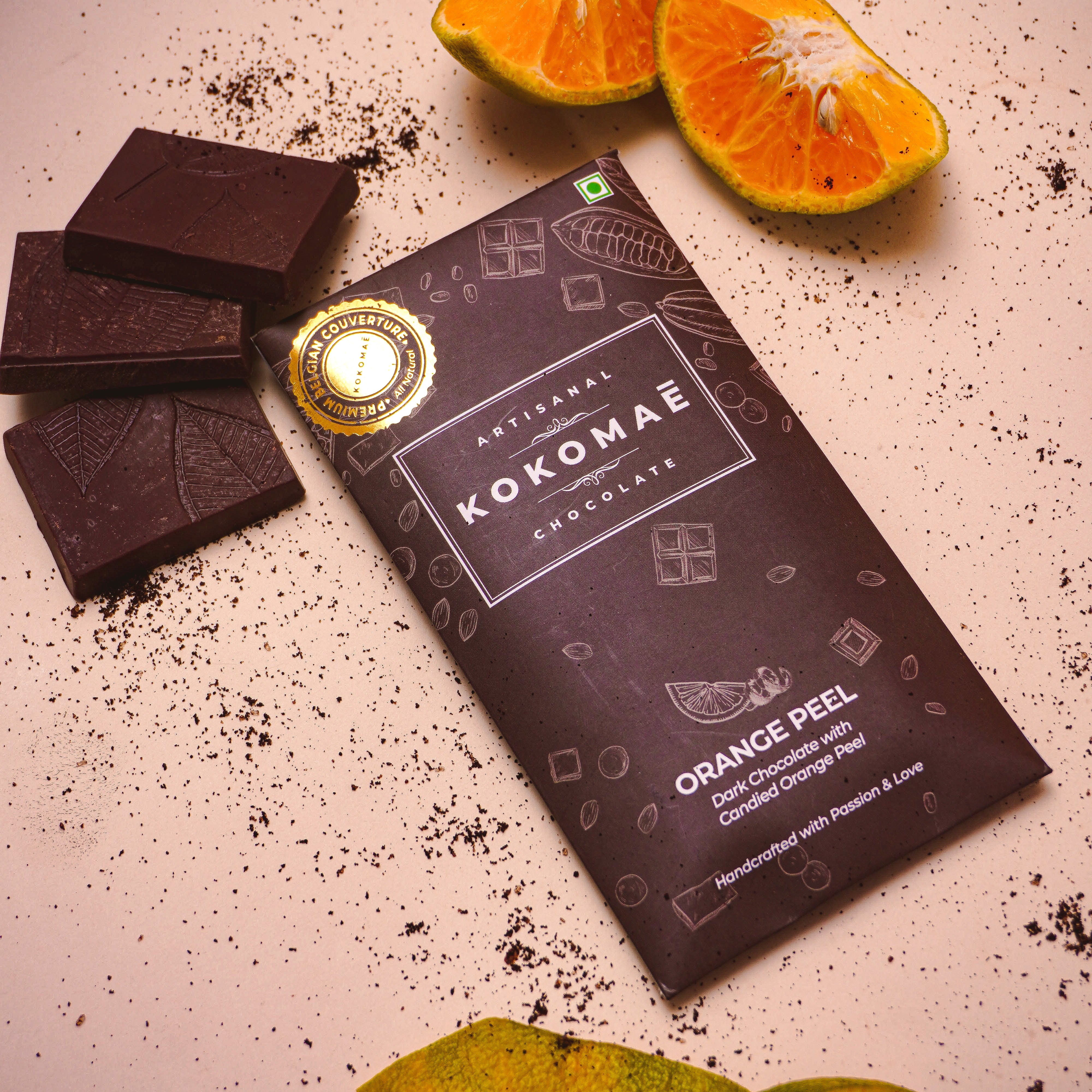 Kokomaē Belgian Pure Couverture Premium Dark Chocolate Bar with Premium Candied Orange Peel