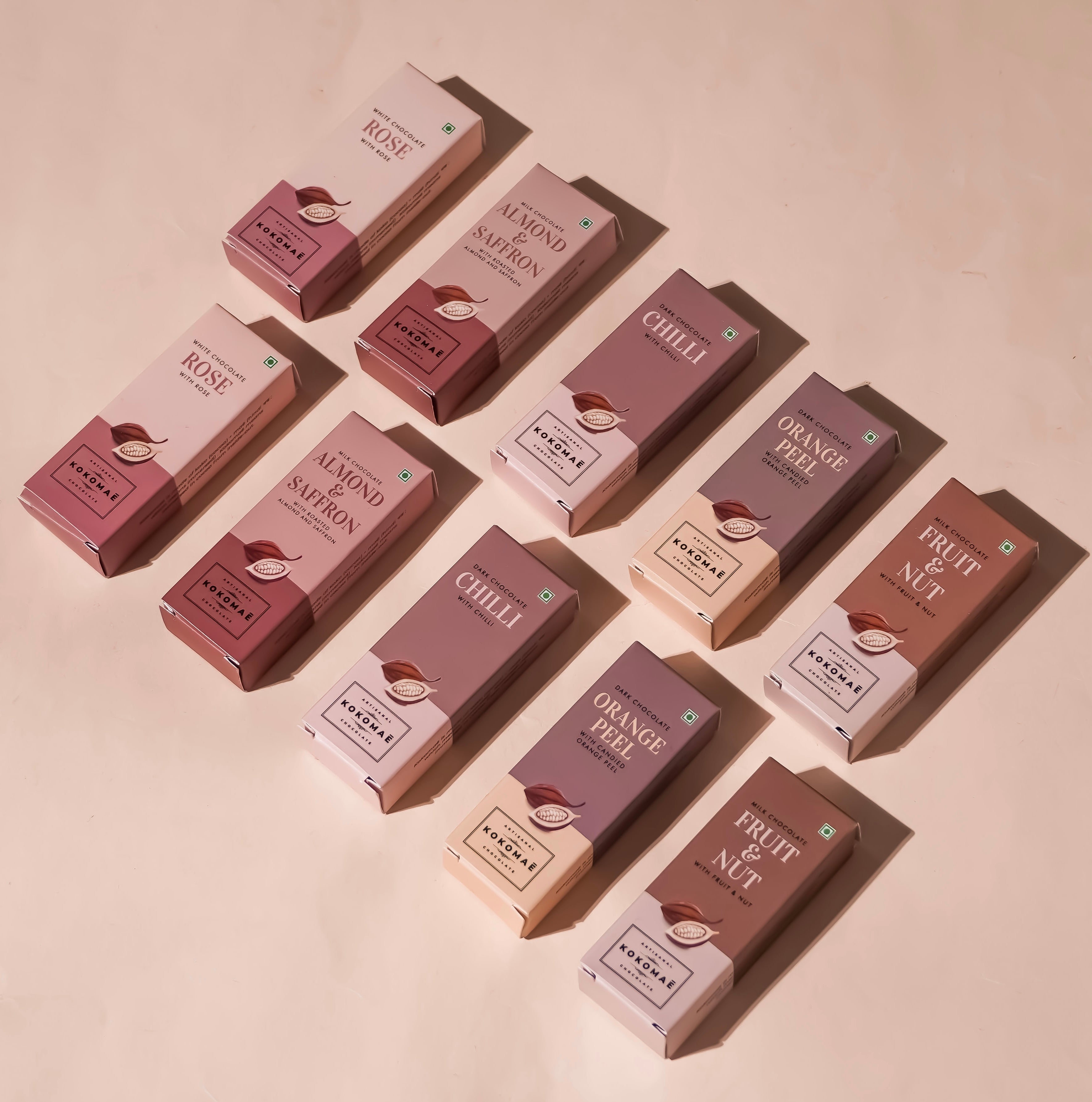 Kokomaē Assorted Gift Box of Belgian Chocolate Mini Bars I Pack of 5 Unique Flavors I Rose, Frui&Nut, Almond & Saffron, Chilli, Orange Peel I 20 bars of 16gm each
