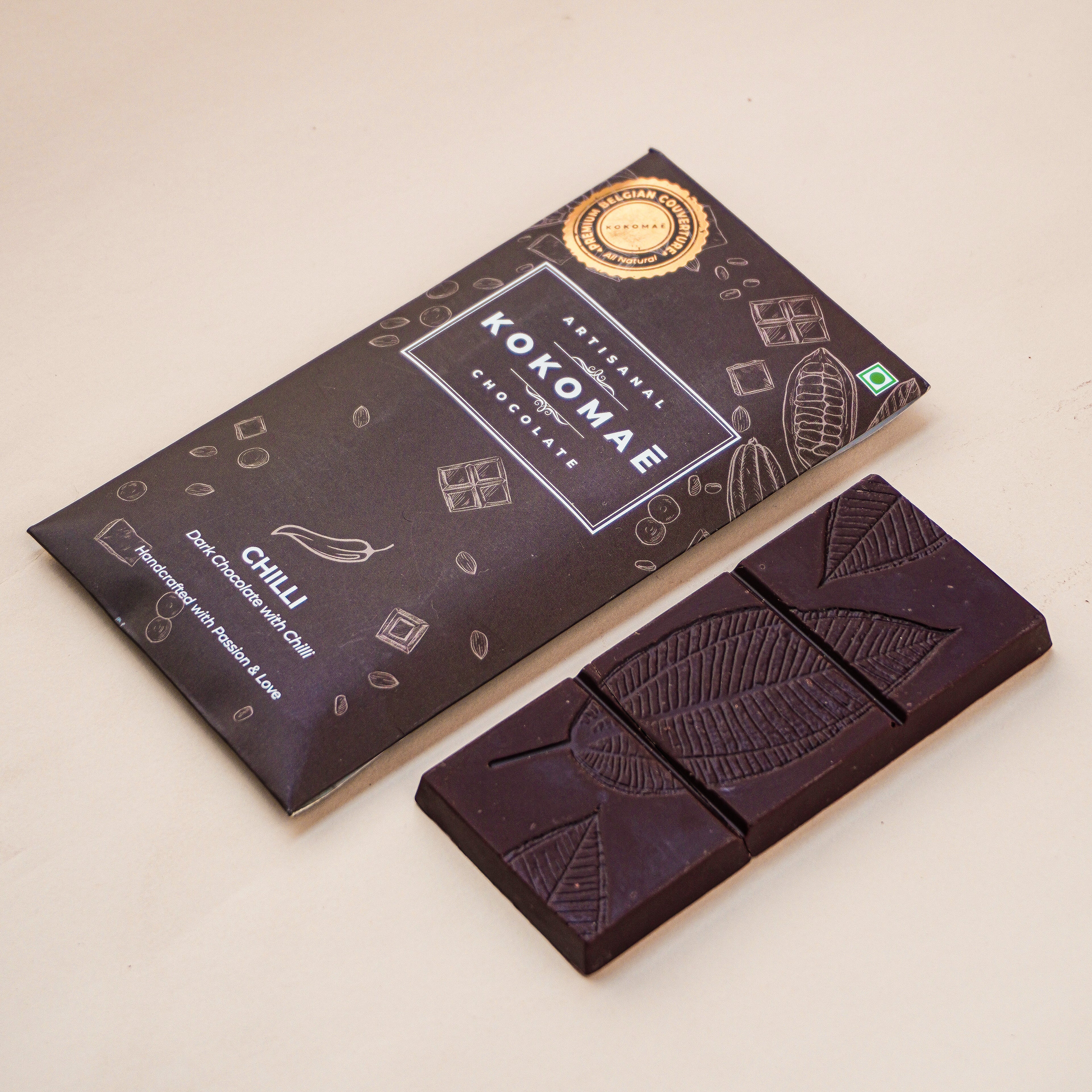 Kokomaē Belgian Pure Couverture Premium Dark Chocolate Bar with Chilli (Vegan and Handmade)