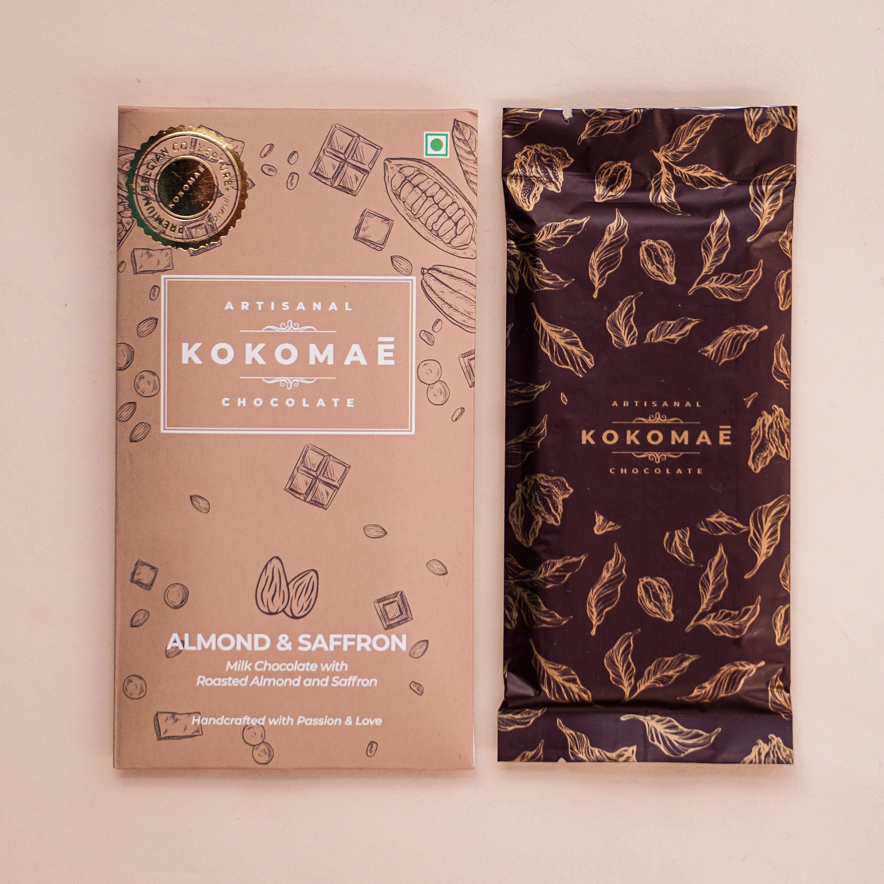 Kokomaē Almond and Saffron Belgian Delight Milk Chocolate Bar with Pure 33.6% Cocoa Butter