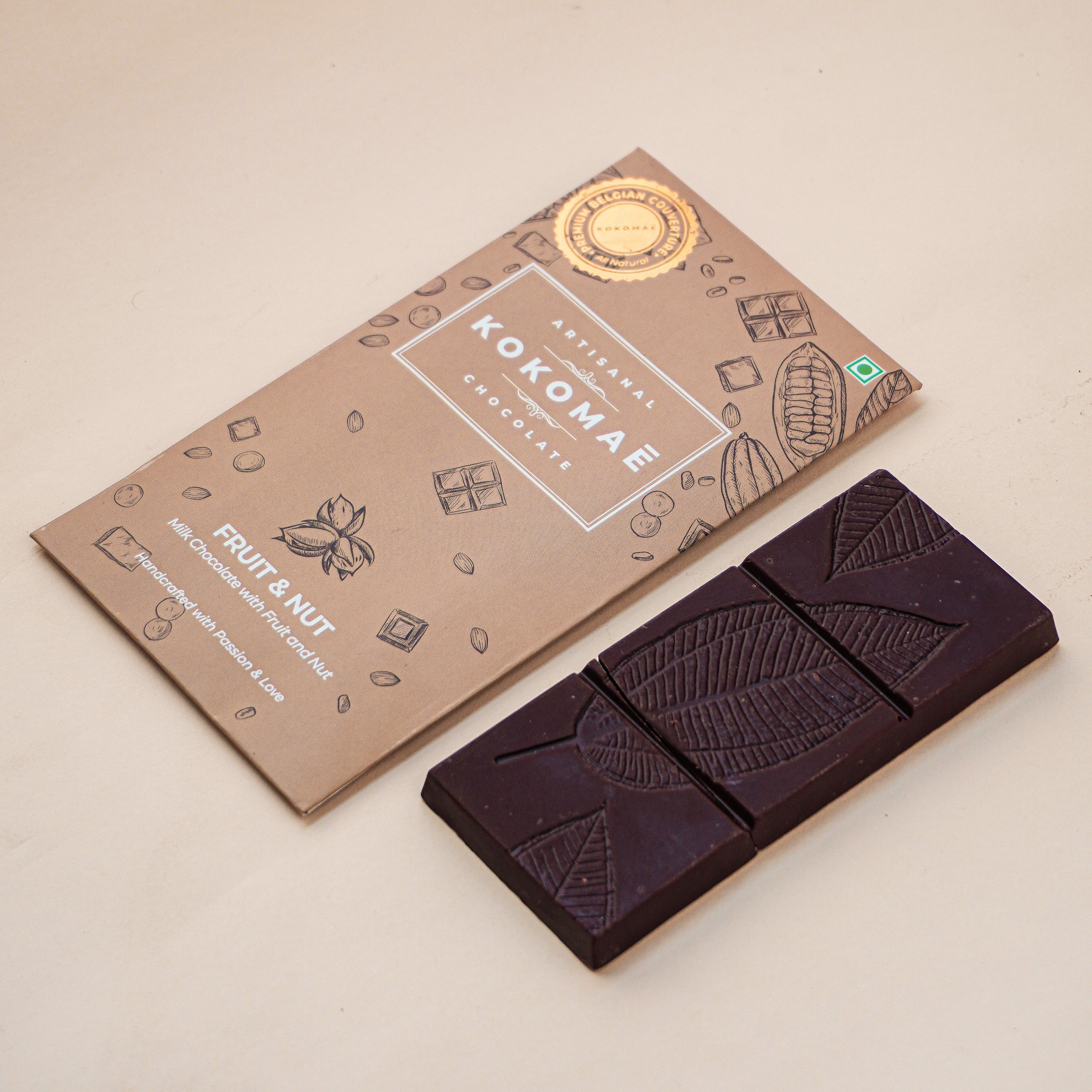 Kokomaē Fruit and Nut Belgian Delight Milk Chocolate Bar with Pure 33.6% Cocoa Butter