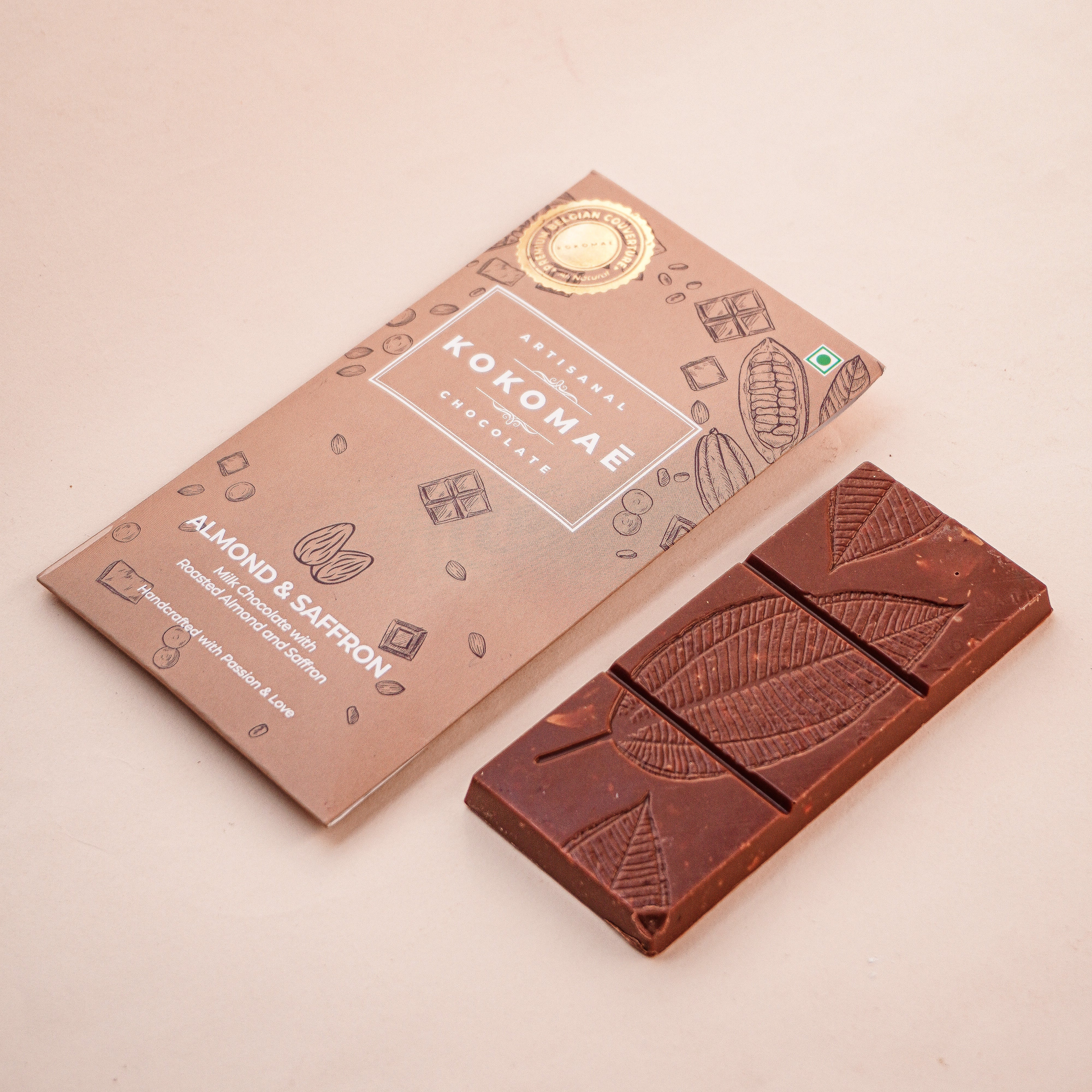 Kokomaē Almond and Saffron Belgian Delight Milk Chocolate Bar with Pure 33.6% Cocoa Butter