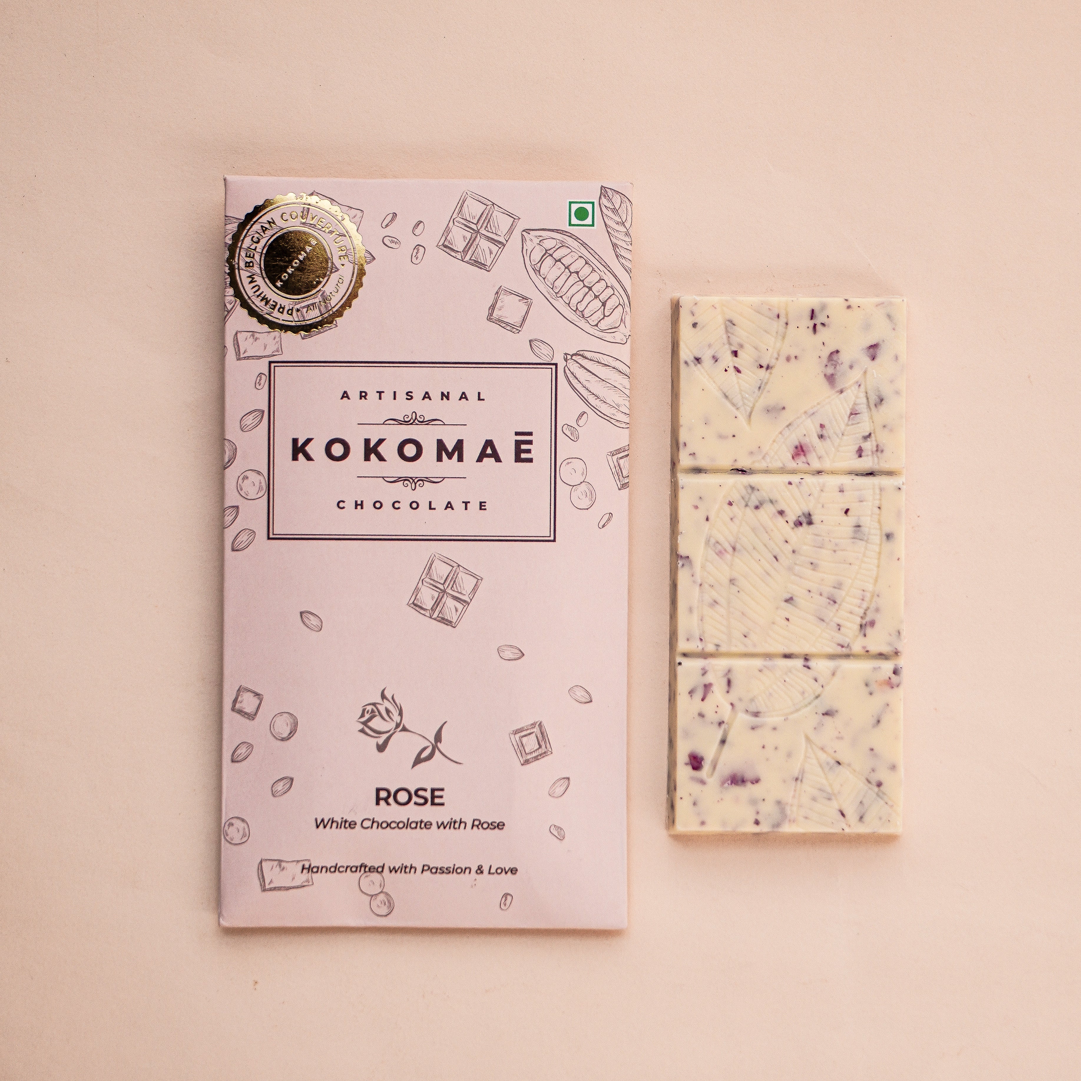 Kokomaē Premium Belgian White Chocolate Bar made from Pure Cocoa Butter with 100% Natural Rose Oil