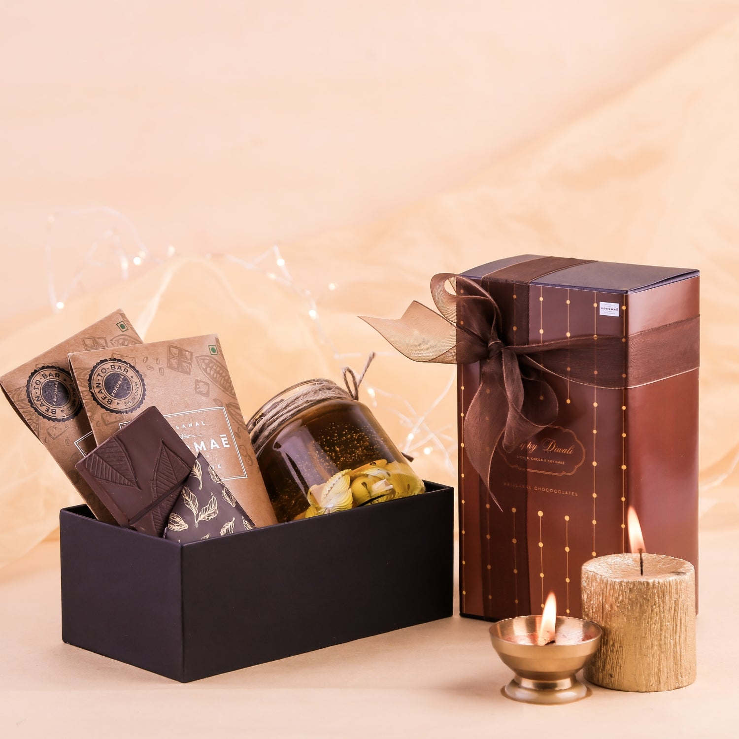 Kokomaē Premium Diwali Chocolate Offering : 72% Dark with Coffee & 75% Dark with Sea Salt & a Candle