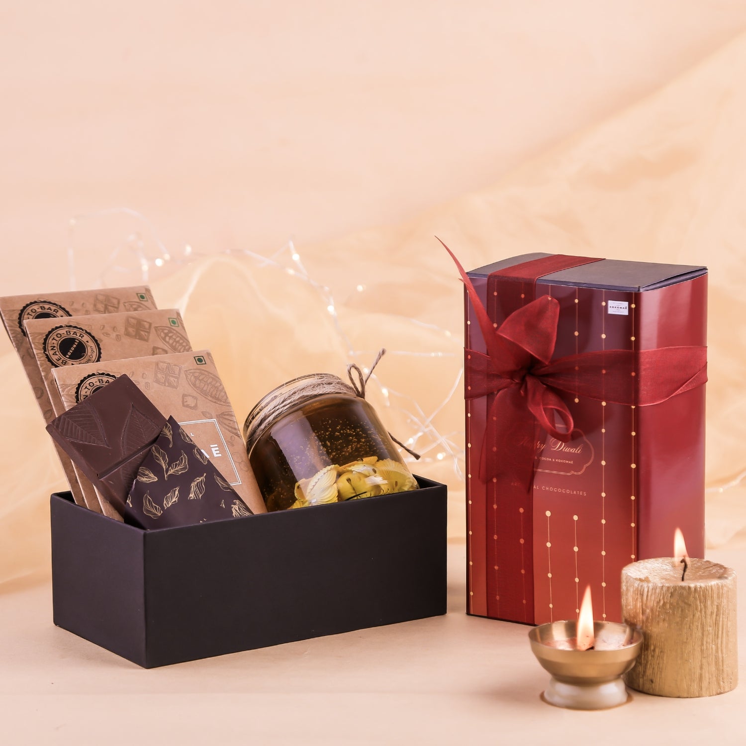 Kokomaē Handcrafted Diwali Gift Box with 3 Bean to Bar Chocolates & an offering