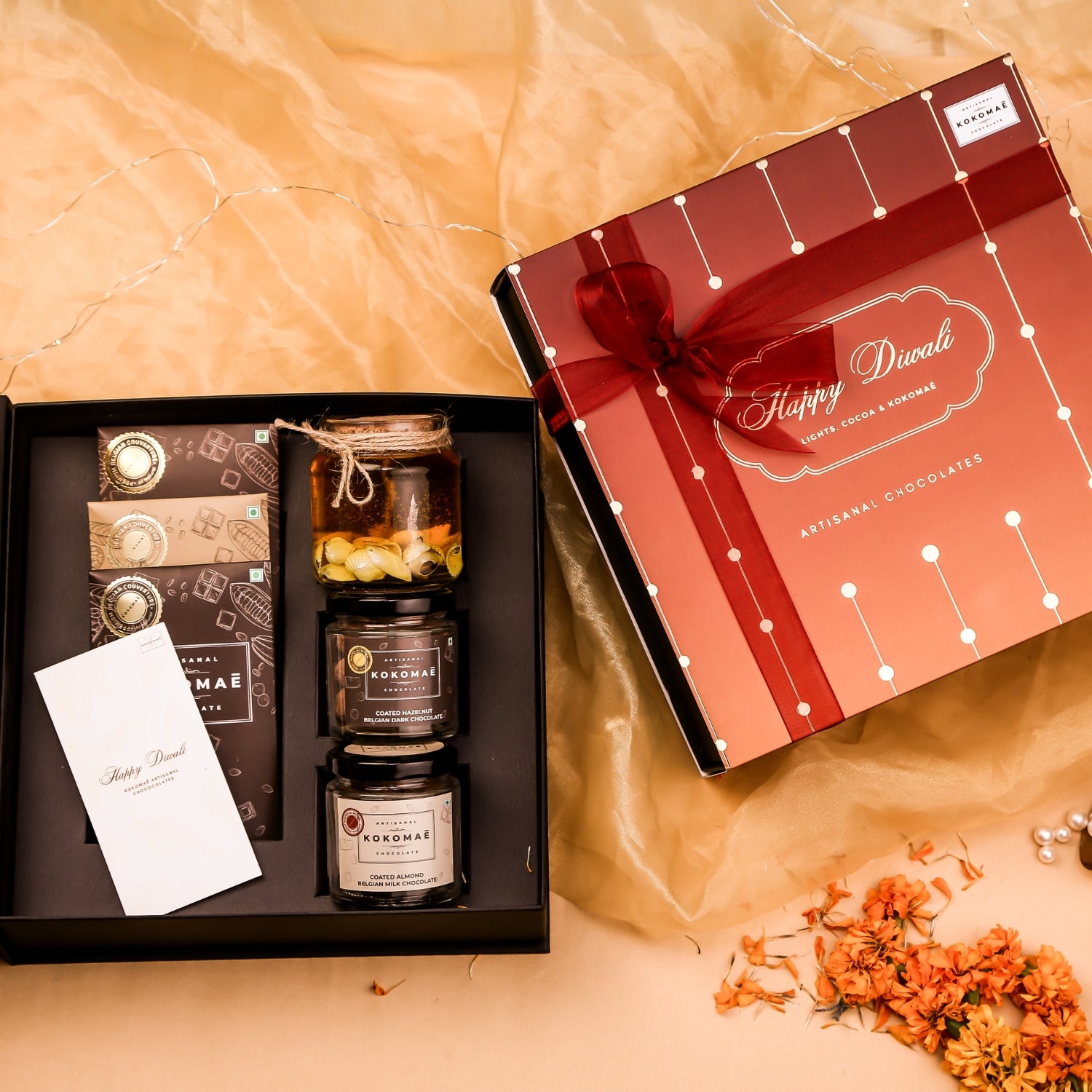 Kokomaē Premium Diwali Gift Box with 3 Belgian Bars, 2 Dragees & a candle