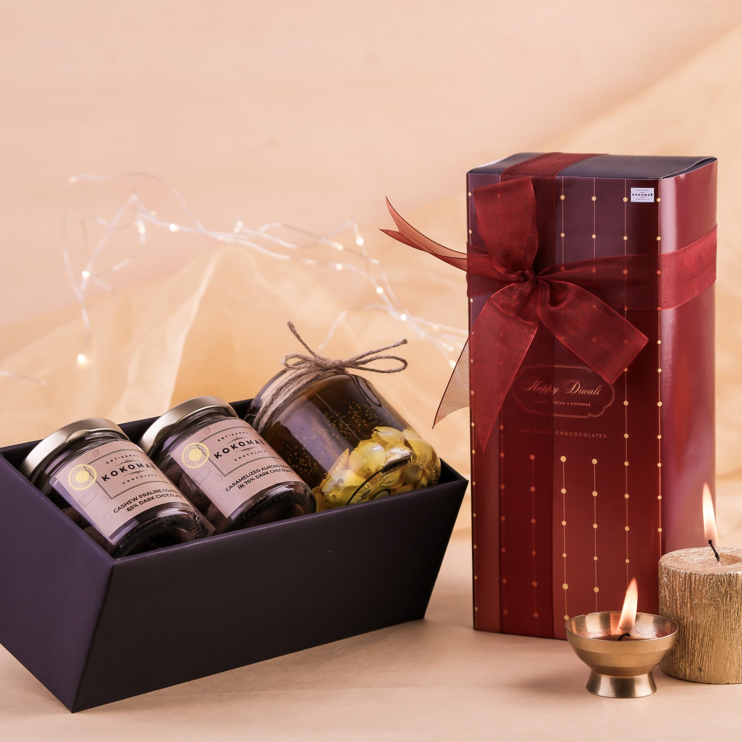Kokomaē Premium Gift Basket for Diwali with 2 Jars of Chocolate Coated Nuts & a Candle
