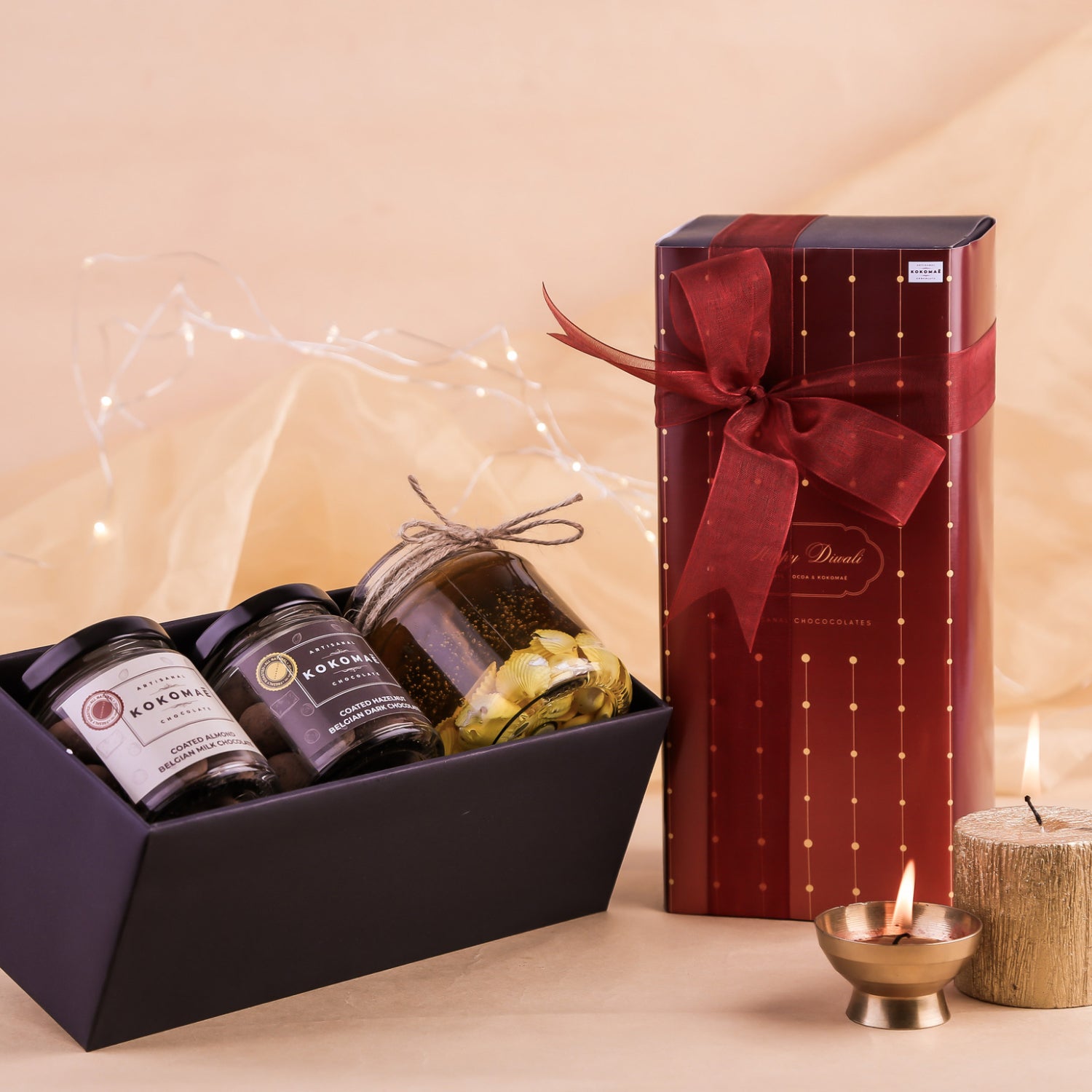 Kokomaē Nutty Hamper for Diwali with 2 Belgian Coated Nuts & a Candle