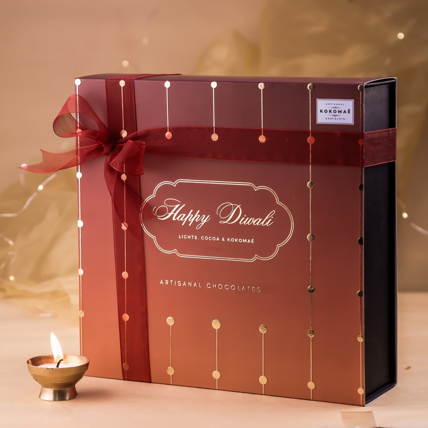 Kokomaē Premium Diwali Gift Box with 3 Belgian Bars, 2 Dragees & a candle