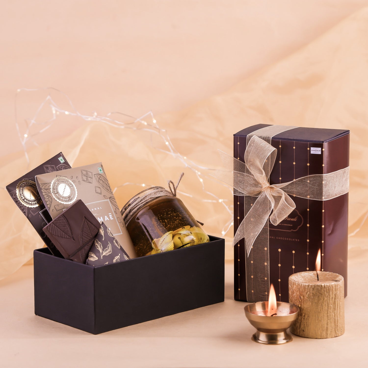 Kokomaē Diwali Artisanal Chocolate Duo : Orang Peel and Almond & Saffron Bar with a Candle
