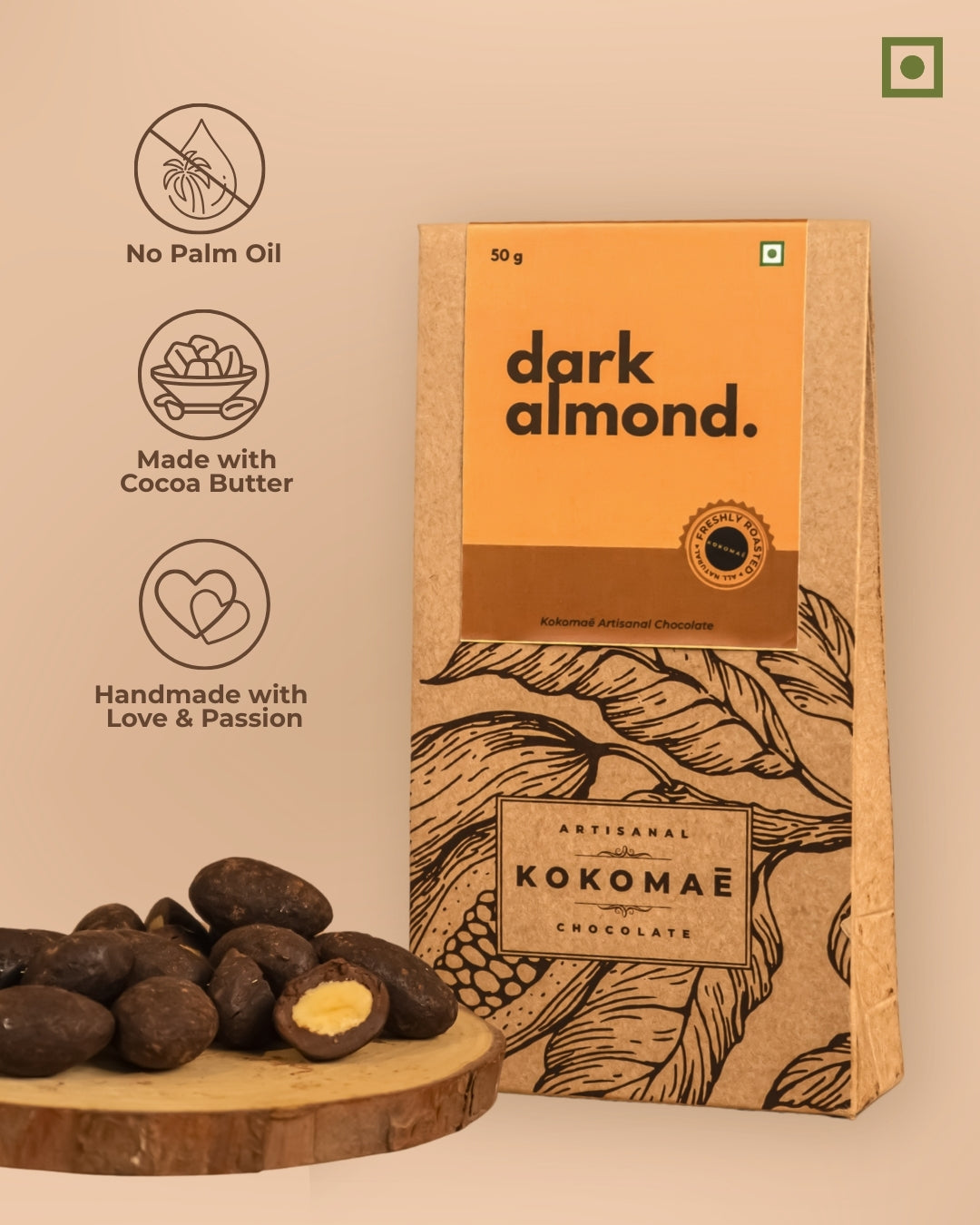 Vegan • Cocoa Butter • No Palm Oil • Artisanal Dark Chocolate-Coated Almonds (50g)