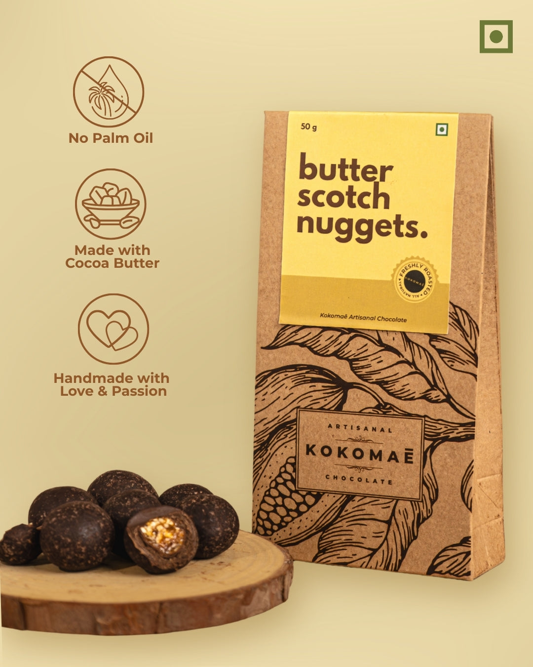 Vegan • Cocoa Butter • No Palm Oil • Artisanal Dark Chocolate-Coated Butterscotch Nuggets (50g)