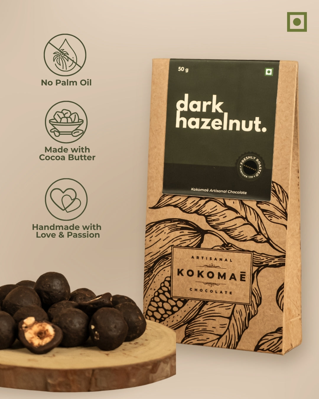 Vegan • Cocoa Butter • No Palm Oil • Artisanal Dark Chocolate-Coated Hazelnuts (50g)