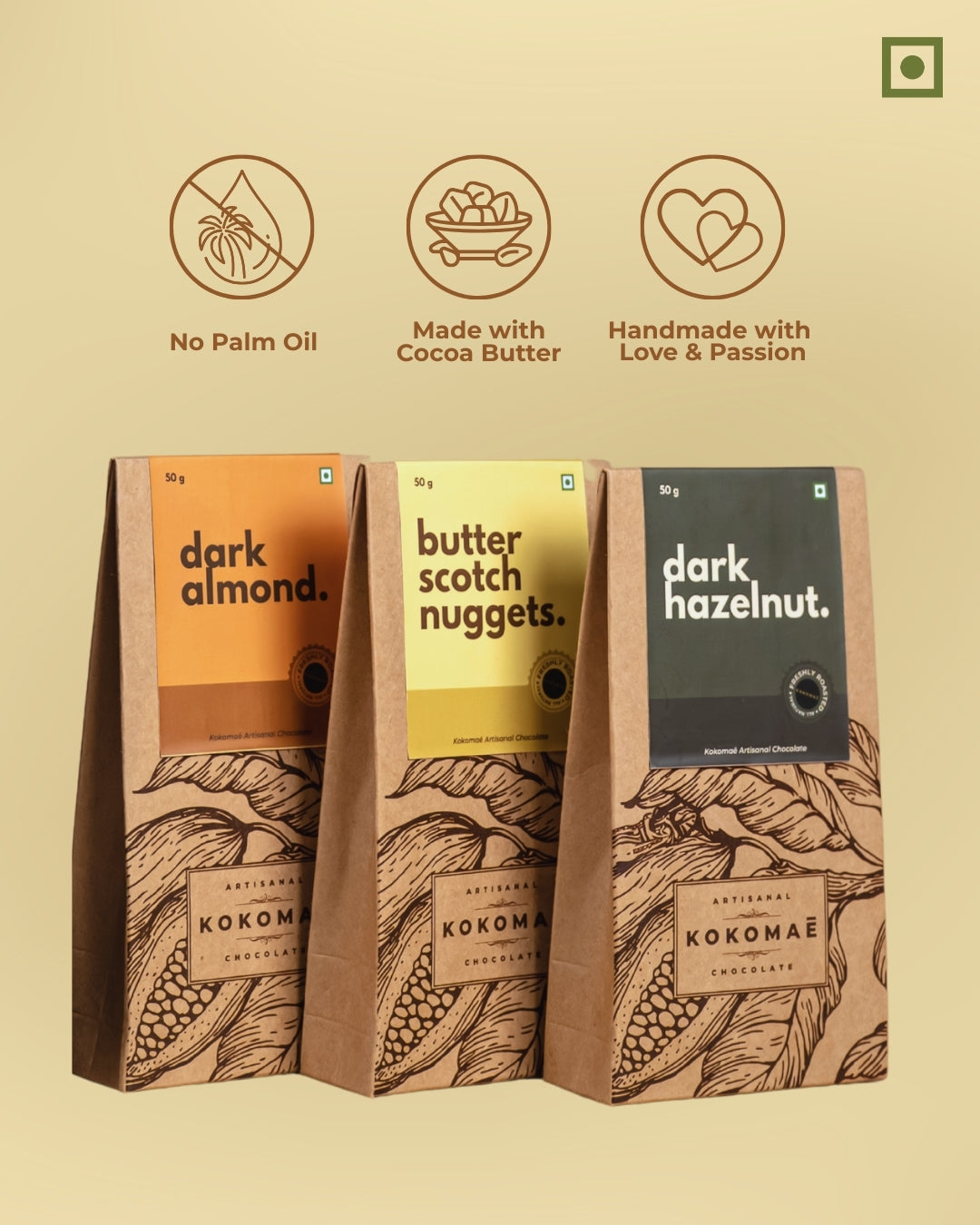 Vegan • Cocoa Butter • No Palm Oil • Artisanal Dark Chocolate-Coated Nuts & Butterscotch (3 x 50g)
