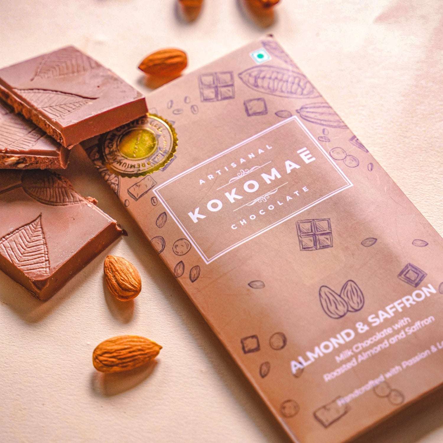 Kokomaē Diwali Artisanal Chocolate Duo : Orang Peel and Almond & Saffron Bar with a Candle