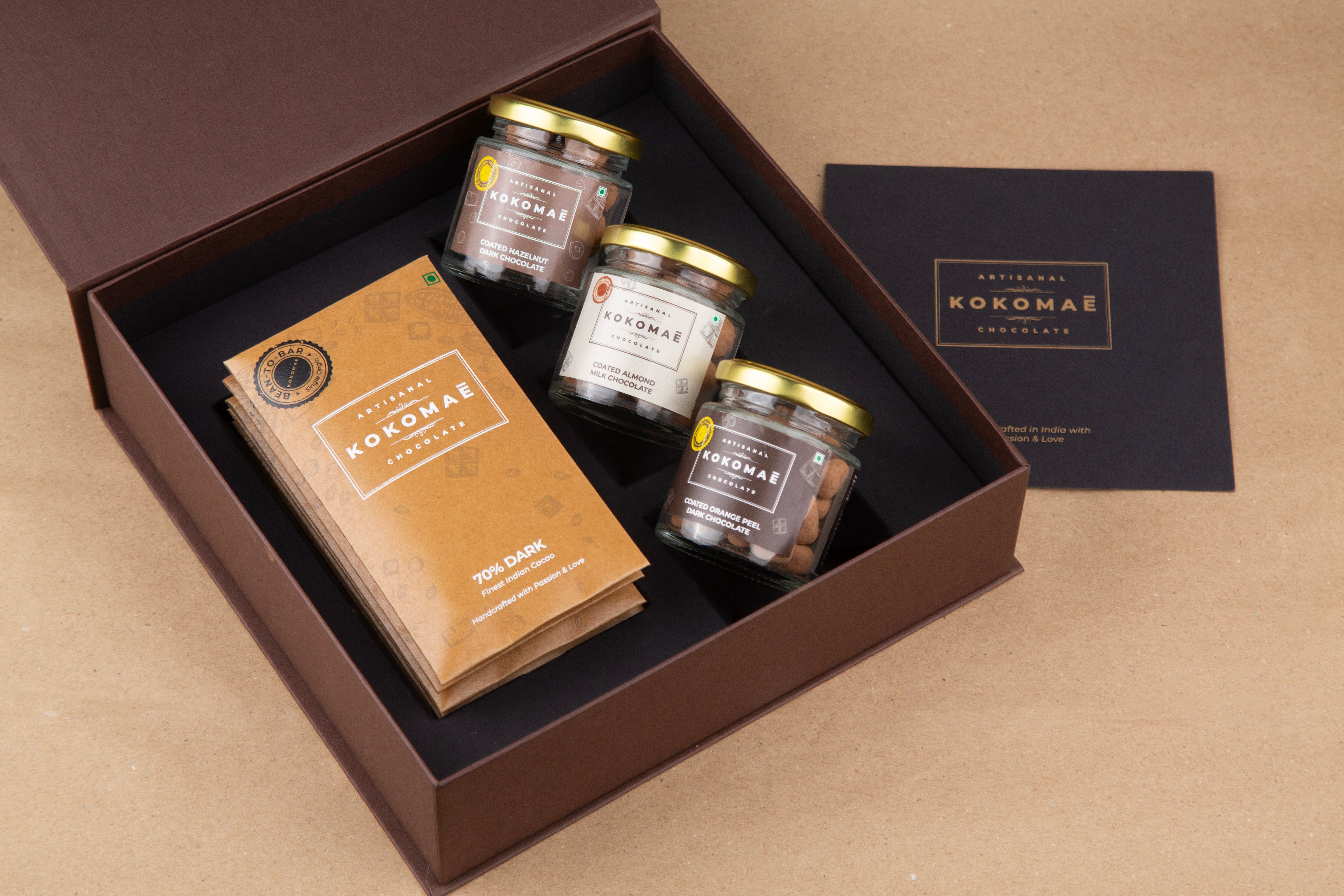 Kokomaē Chocolate Gift Hamper with 5 Bean to Bar Chocolates & 3 Jars of Coated Nuts