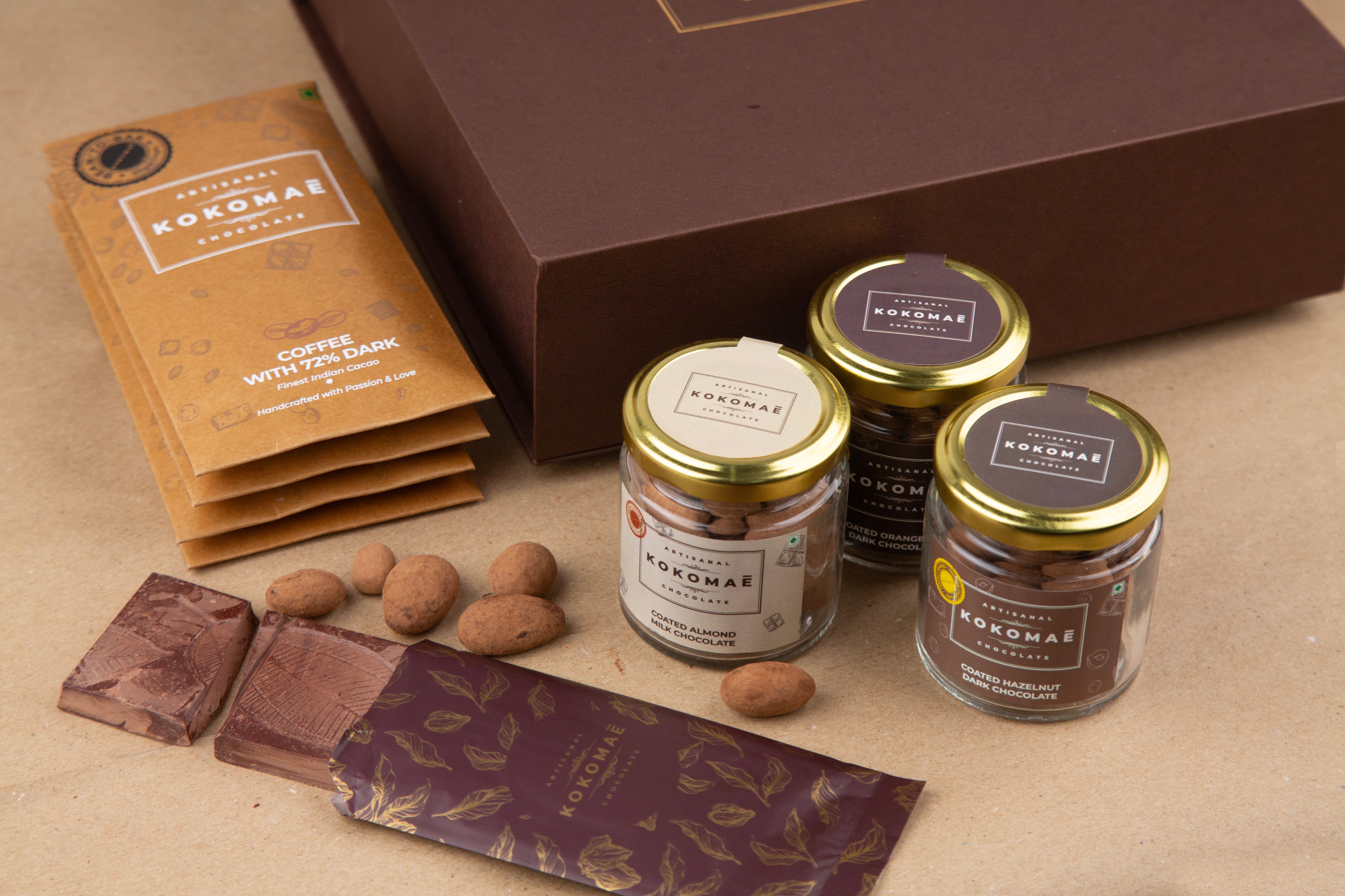 Kokomaē Chocolate Gift Hamper with 5 Bean to Bar Chocolates & 3 Jars of Coated Nuts